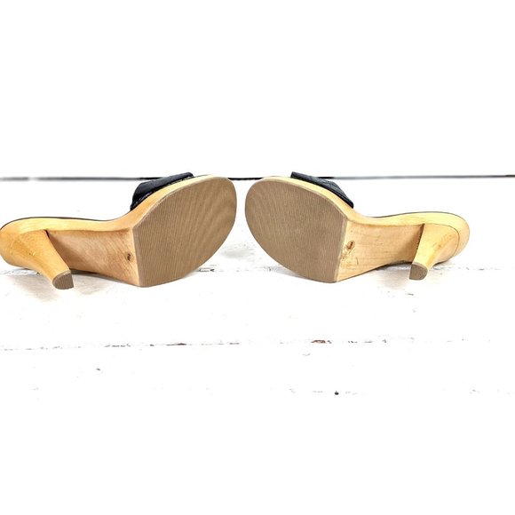 Nine West black leather high heel wooden gold buckle platform open toe clog mule - Picture 5 of 7